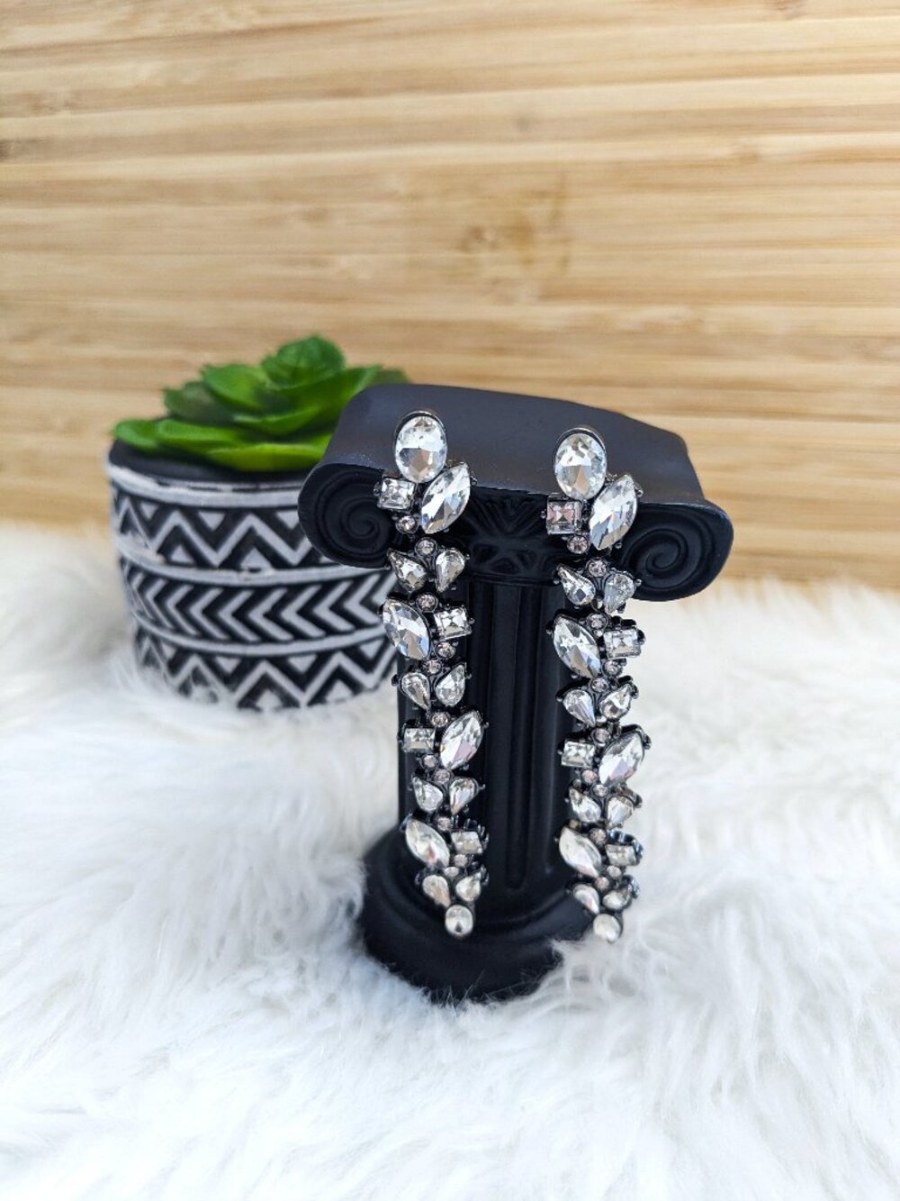 Diamante Geometric Rhinestone Gunmetal Vintage Inspired Dangle Earrings